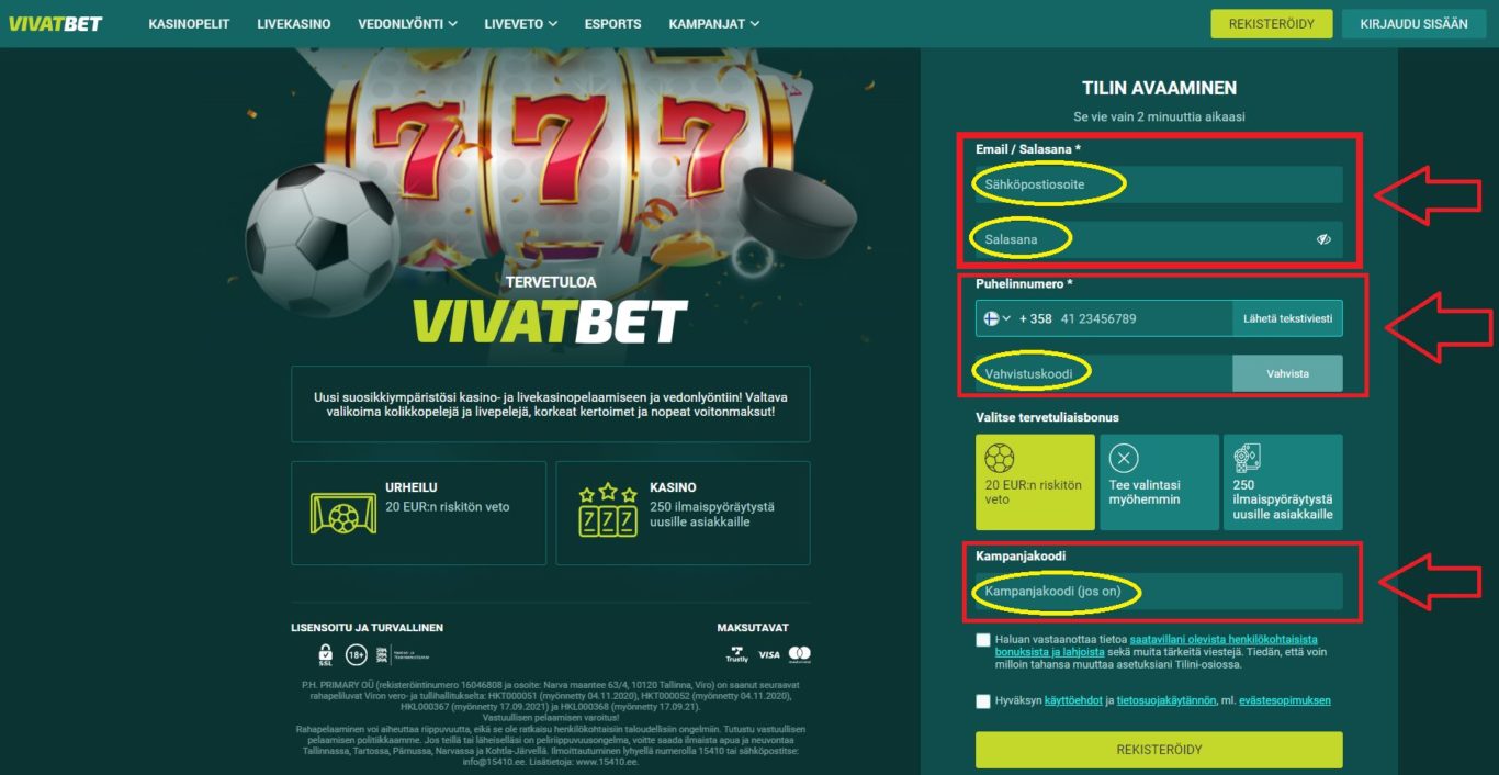 Vivatbet-rekisteröityminen sähköpostin ja puhelinnumeron avulla